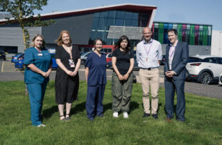 Photo of Julie Booth, NHS Forth Valley Specialist Nurse in Organ Donation, Alison Reed, NHS Forth Valley Tissue Donation Coordinator, Dr Abigail Short, NHS Forth Valley Clinical Lead for Organ Donation, Salma Hussain, Transplant recipient; Dougie Porteous, Interim Head of Sport, Physical Activity and Inclusion with Active Stirling and Matt Bunnell, Interim Chief Executive with Active Stirling